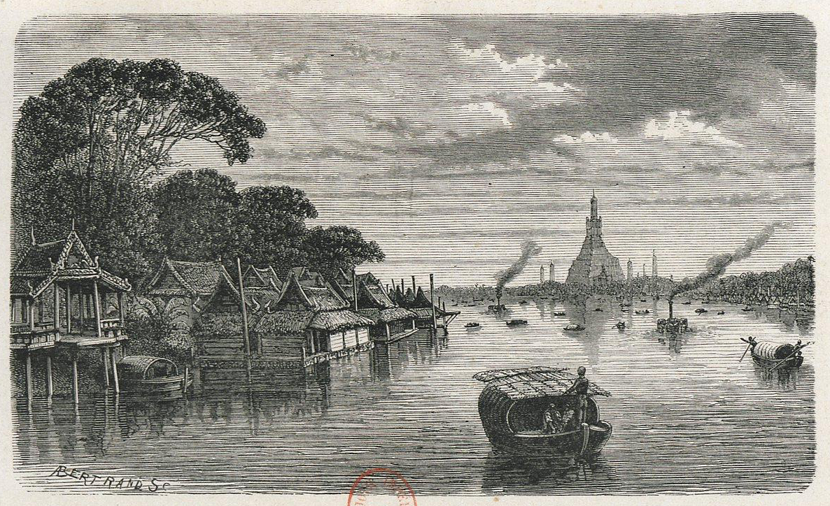 Drawing of 19th century Bangkok harbor and wat Arun